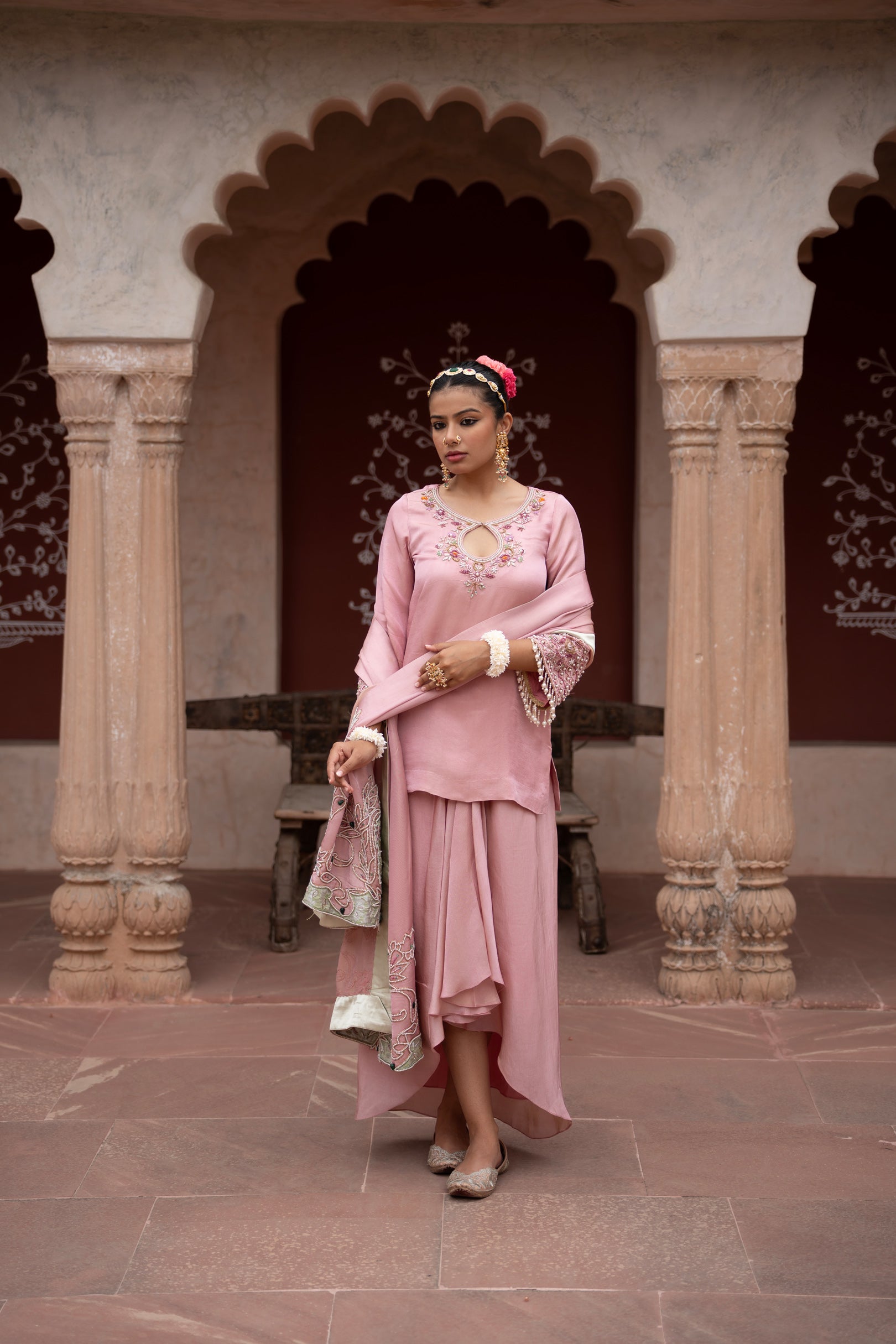 Noor Gulabi Hand-Embroidered Dhoti Set