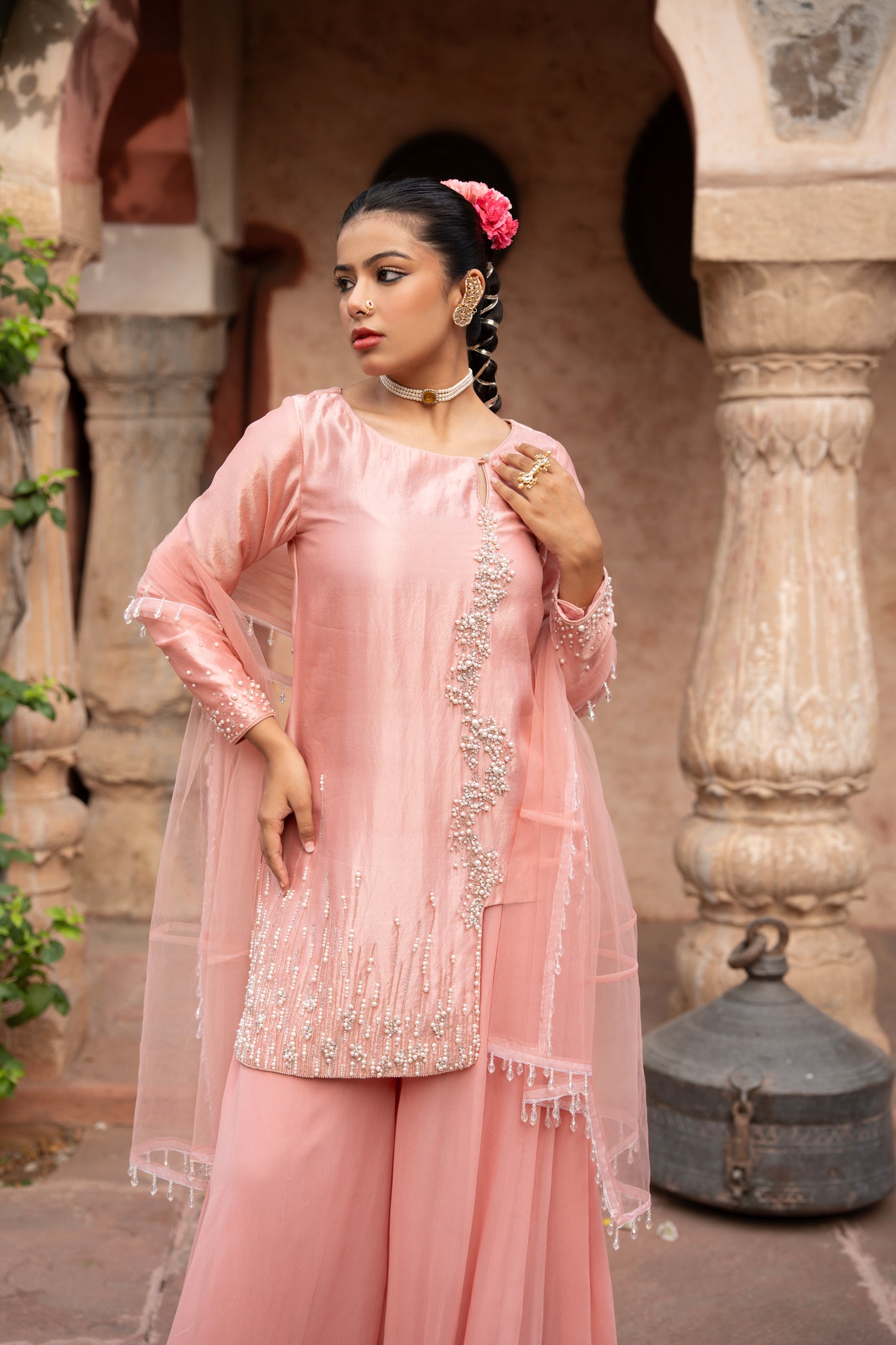 Blush Pink Hand-Embroidered Sharara Set