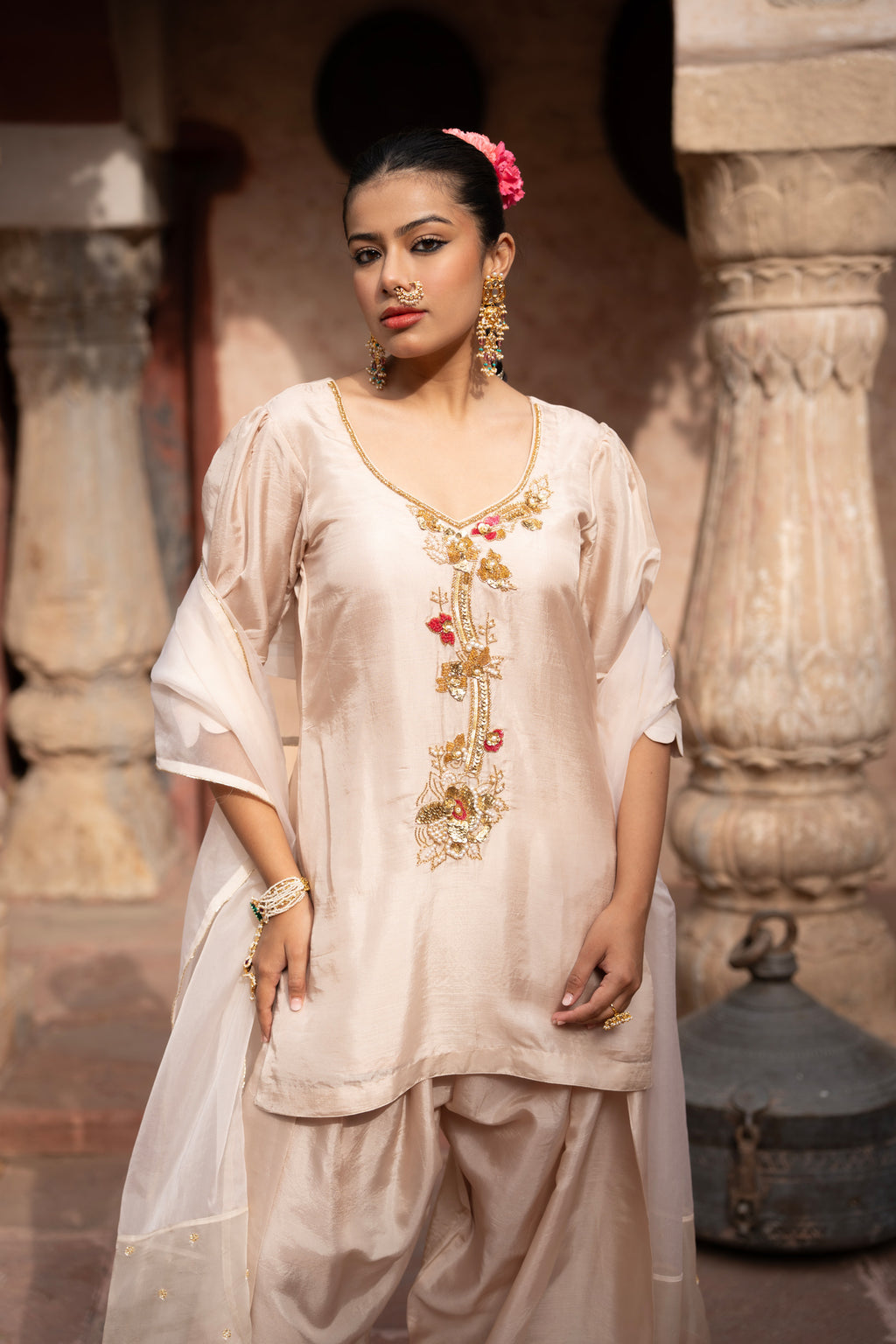 Warm Ivory Hand-Embroidered Farshi Set