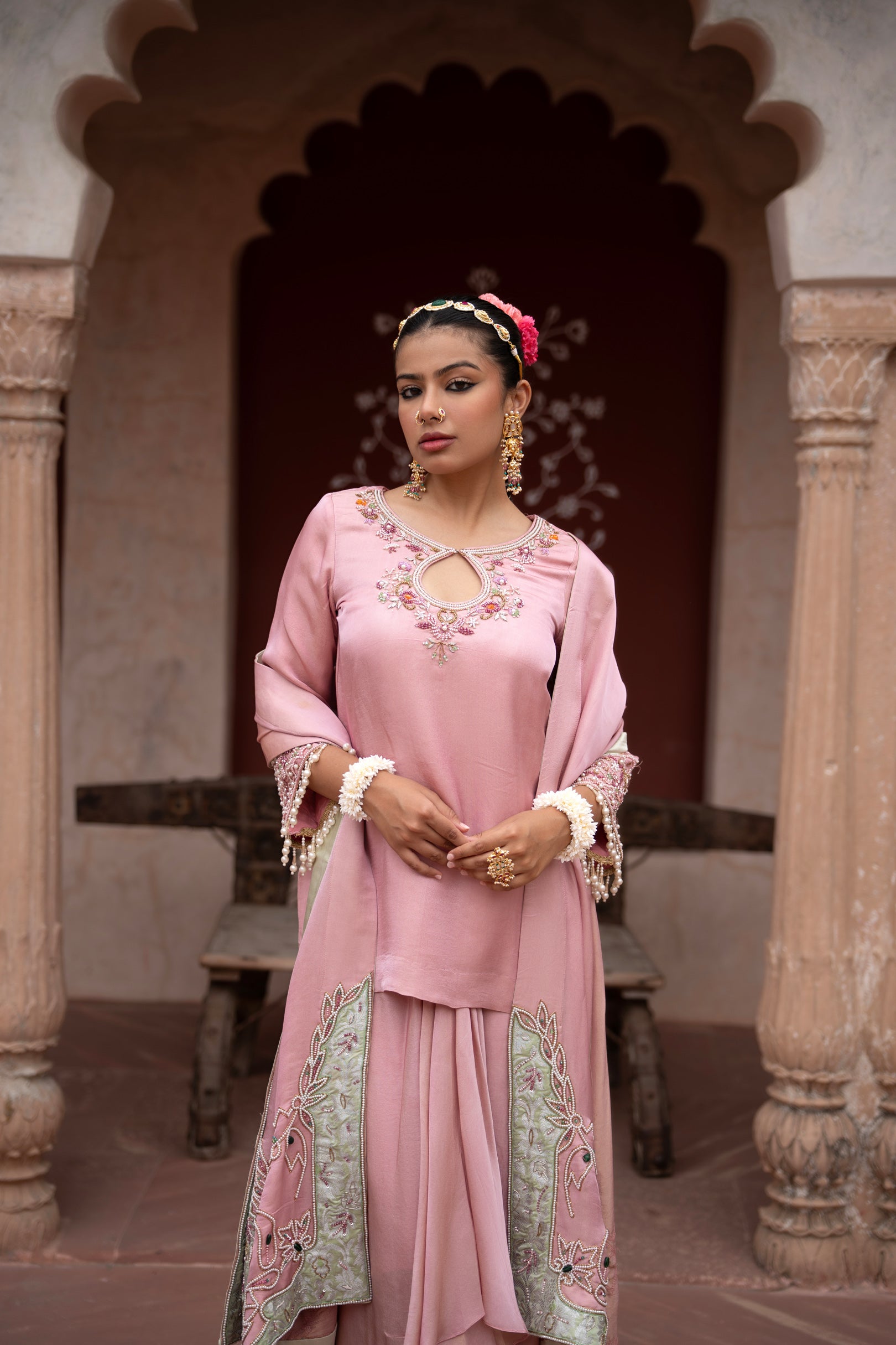 Noor Gulabi Hand-Embroidered Dhoti Set