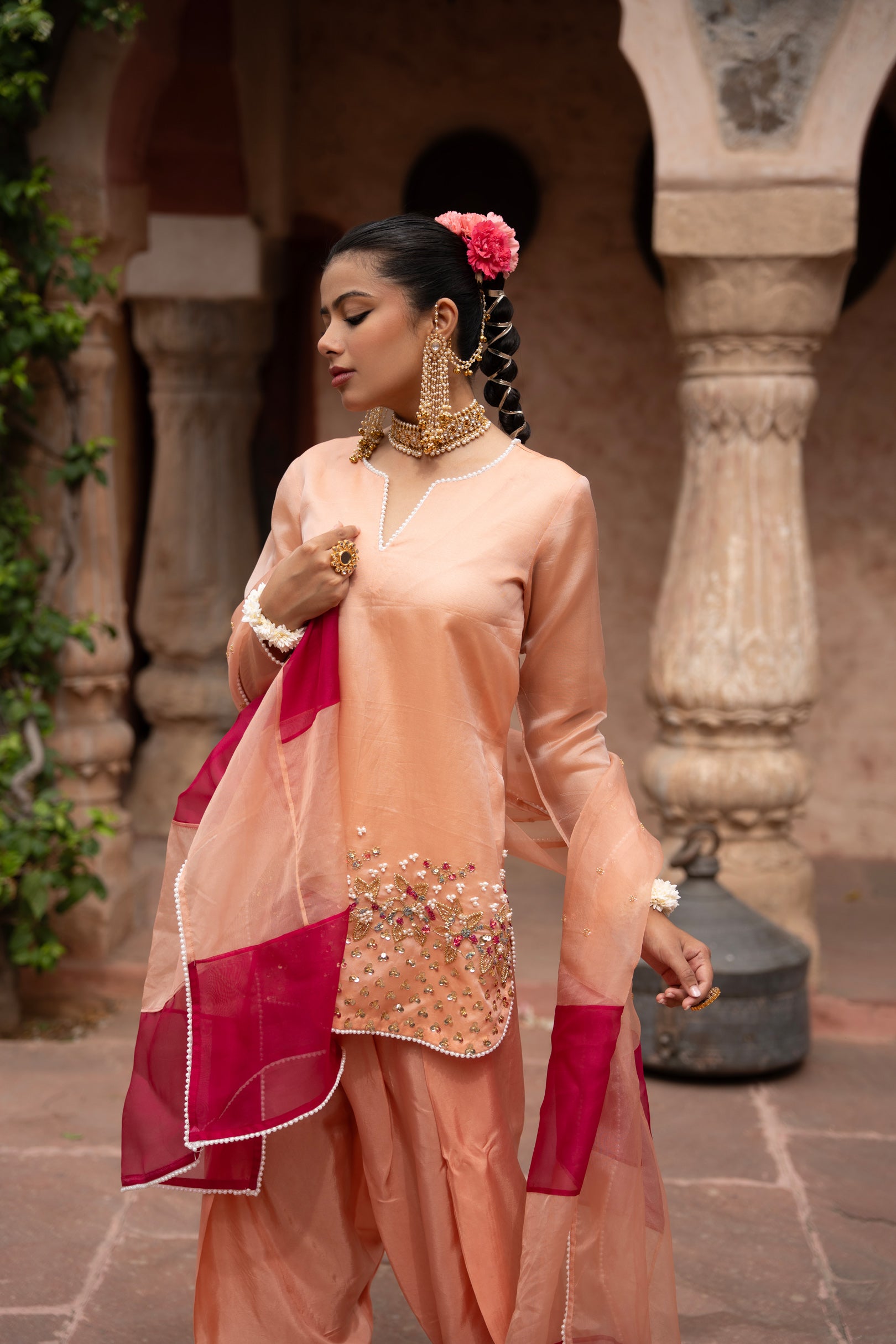 Peach Pink Hand-Embroidered Farshi Set