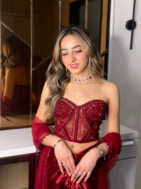Scarlet Red Hand-Embroidered Corset & Dhoti Set
