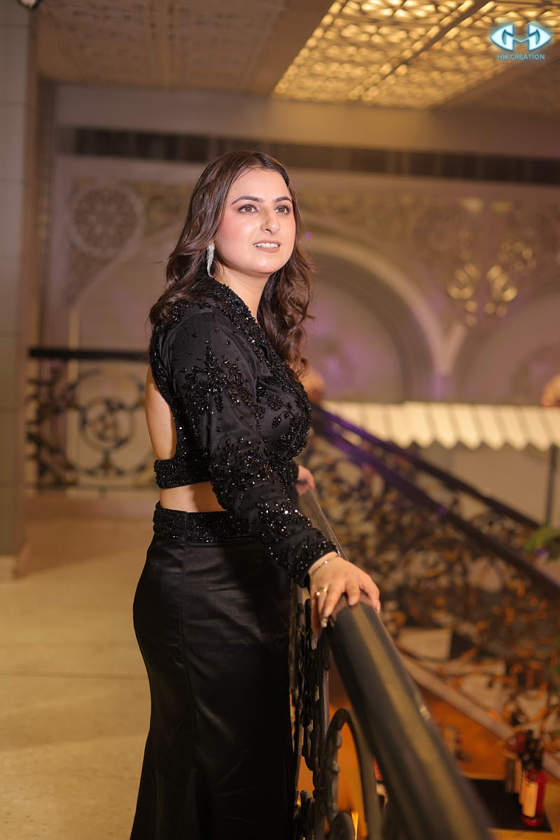 Chic Noir: Black Crop Blazer with Handwork and Draped Skirt with Slit