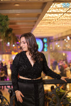 Chic Noir: Black Crop Blazer with Handwork and Draped Skirt with Slit