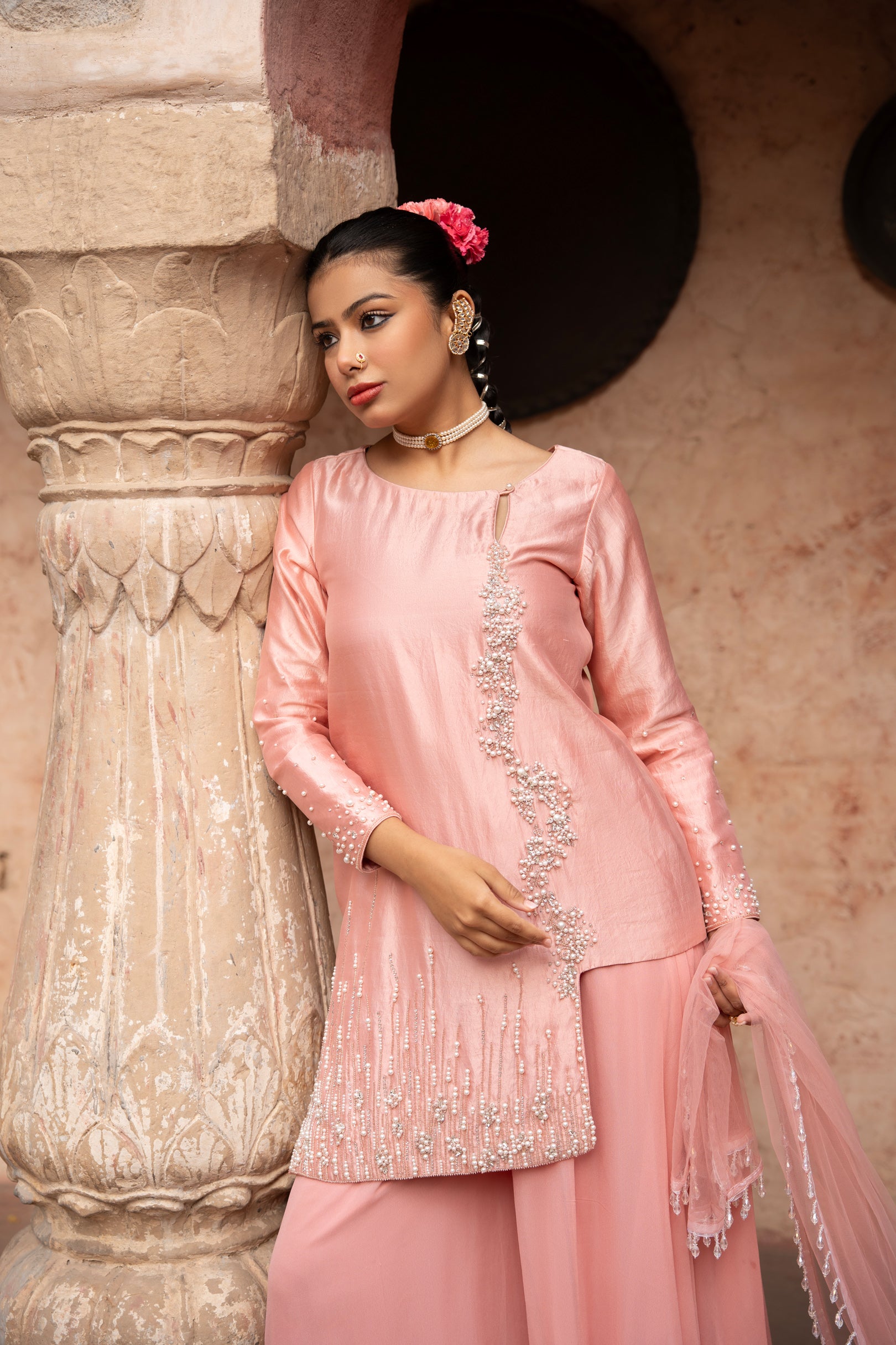 Blush Pink Hand-Embroidered Sharara Set