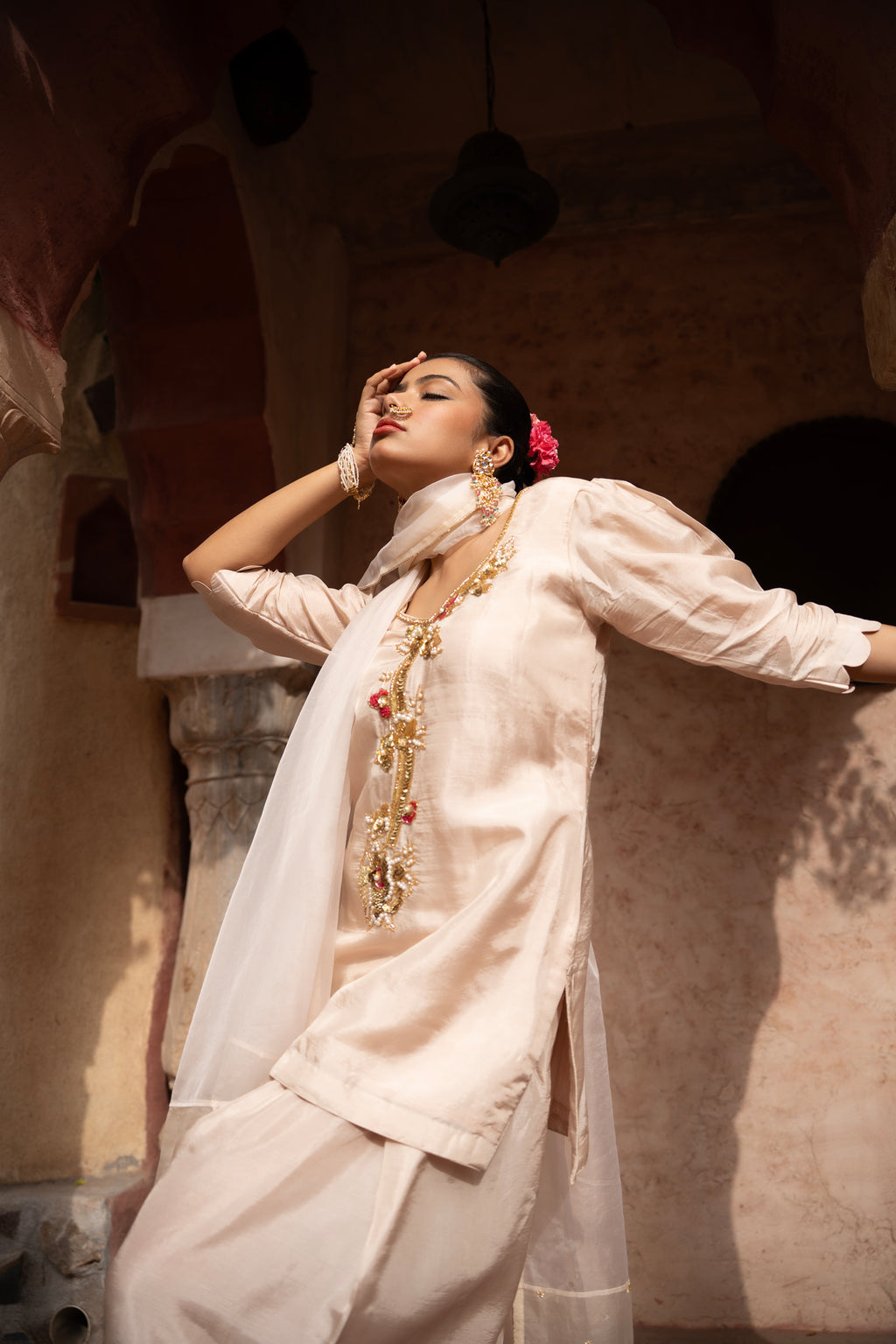 Warm Ivory Hand-Embroidered Farshi Set