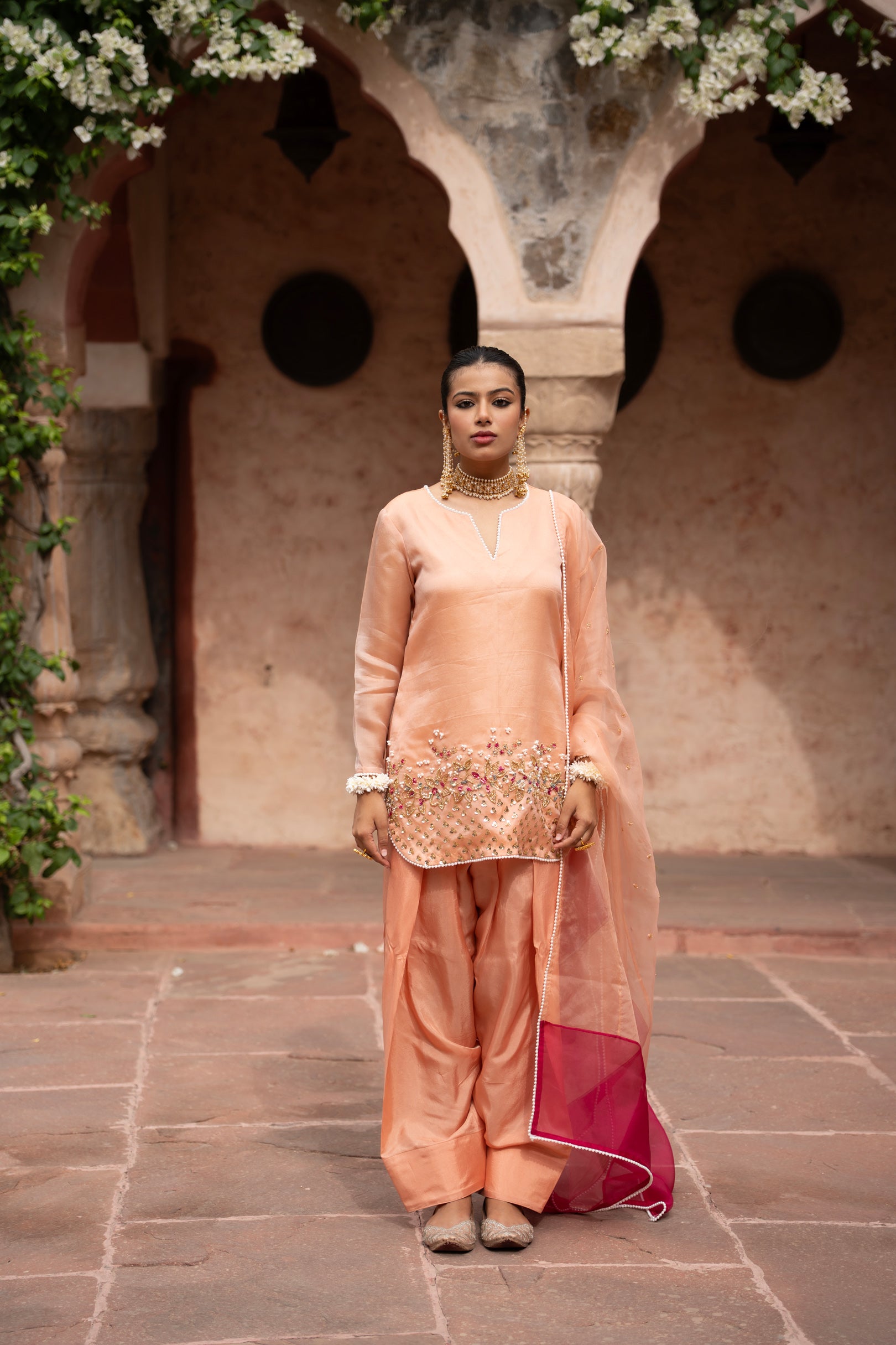 Peach Pink Hand-Embroidered Farshi Set