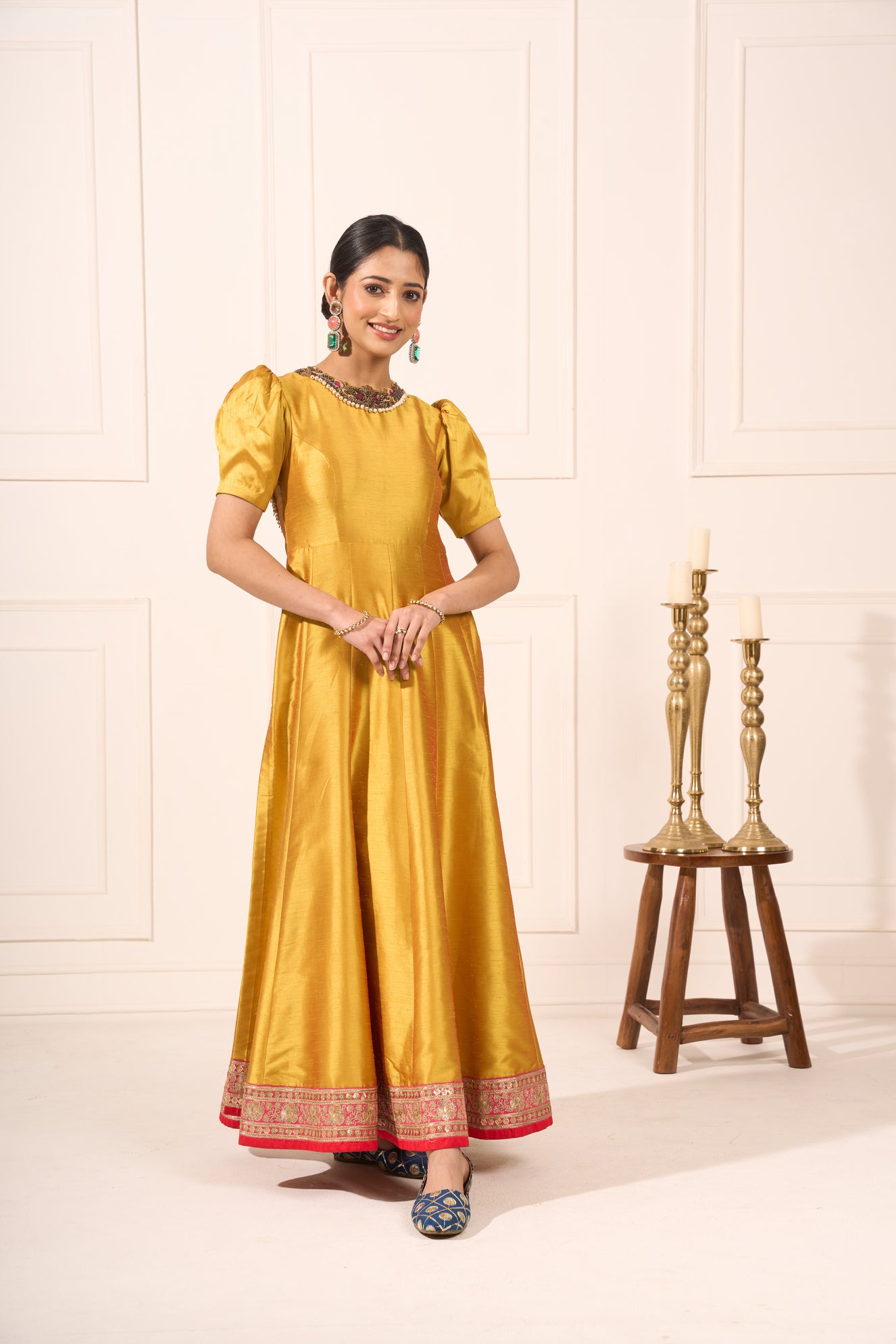 Yellow Suit with Hand Embroidery on Front and Back Neckline