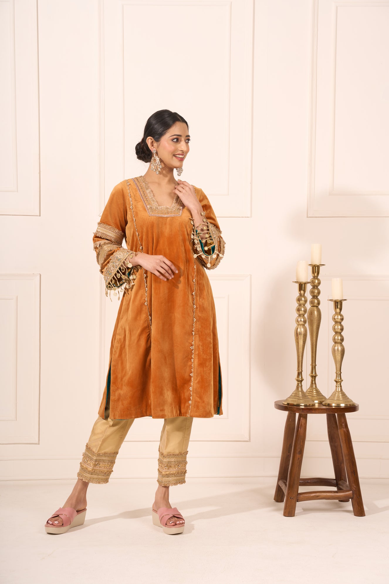 Orange Velvet Suit with Lace Detailing