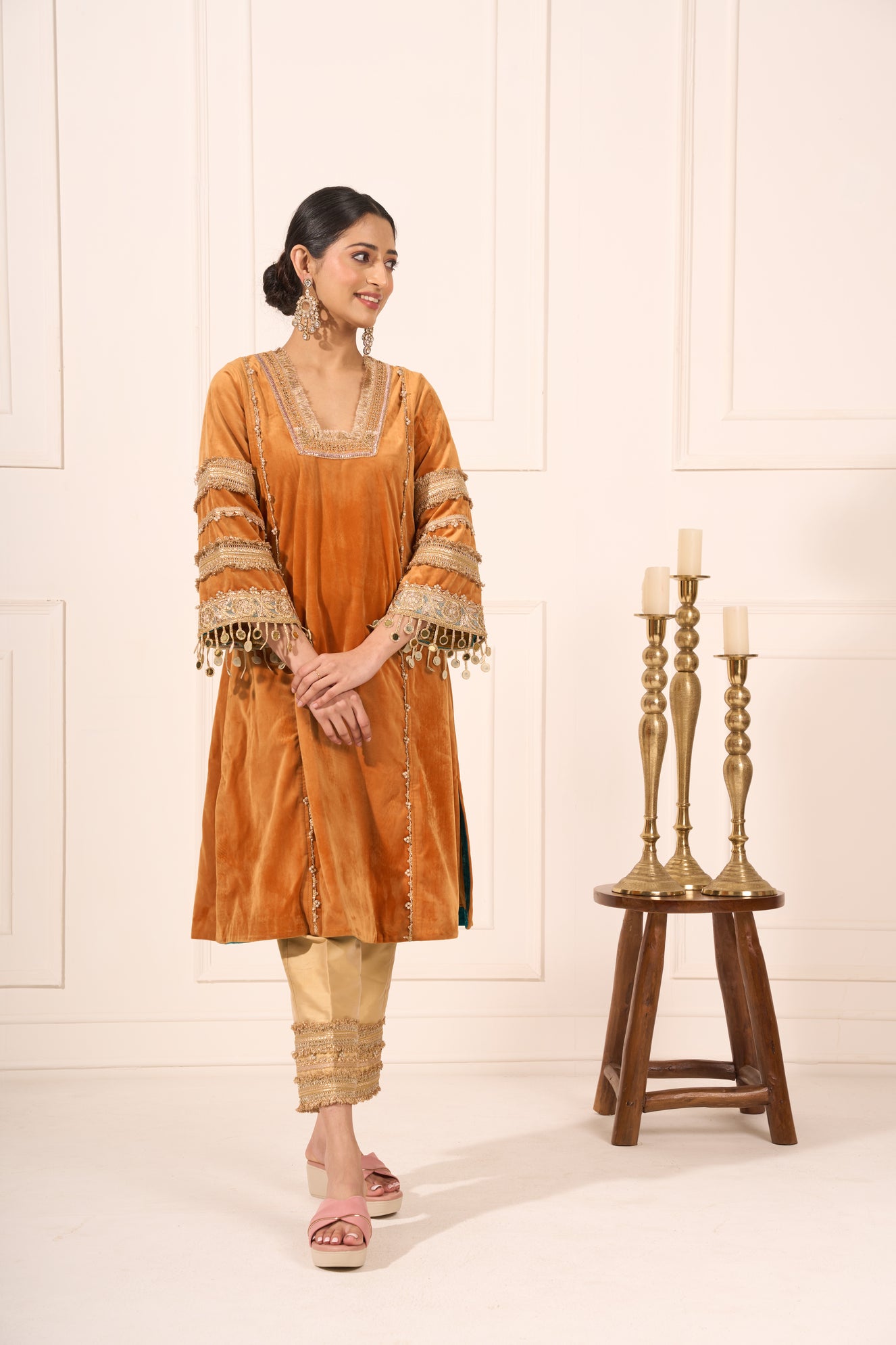 Orange Velvet Suit with Lace Detailing