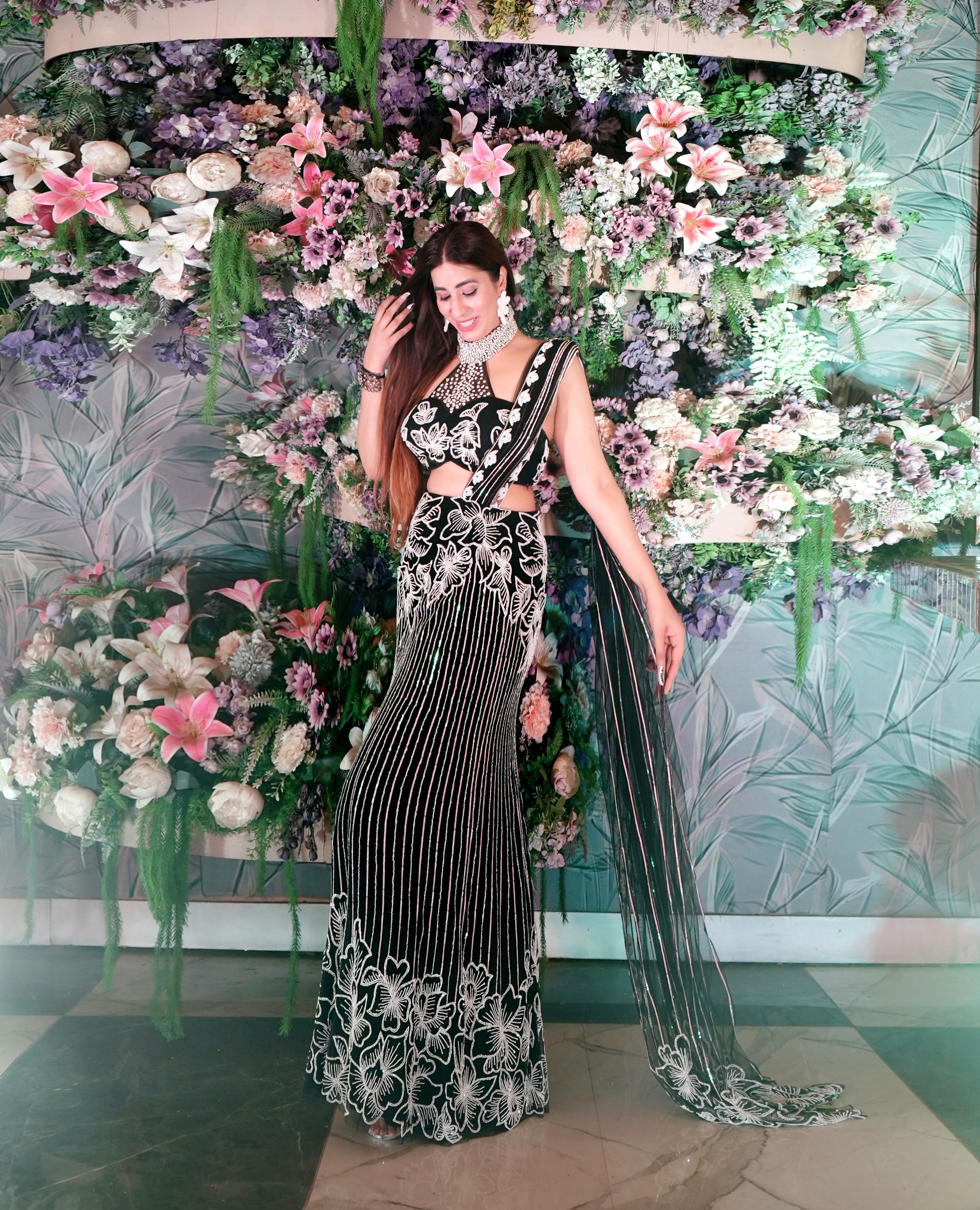 Midnight Majesty Black & White Hand-Embroidered Lehenga Saree