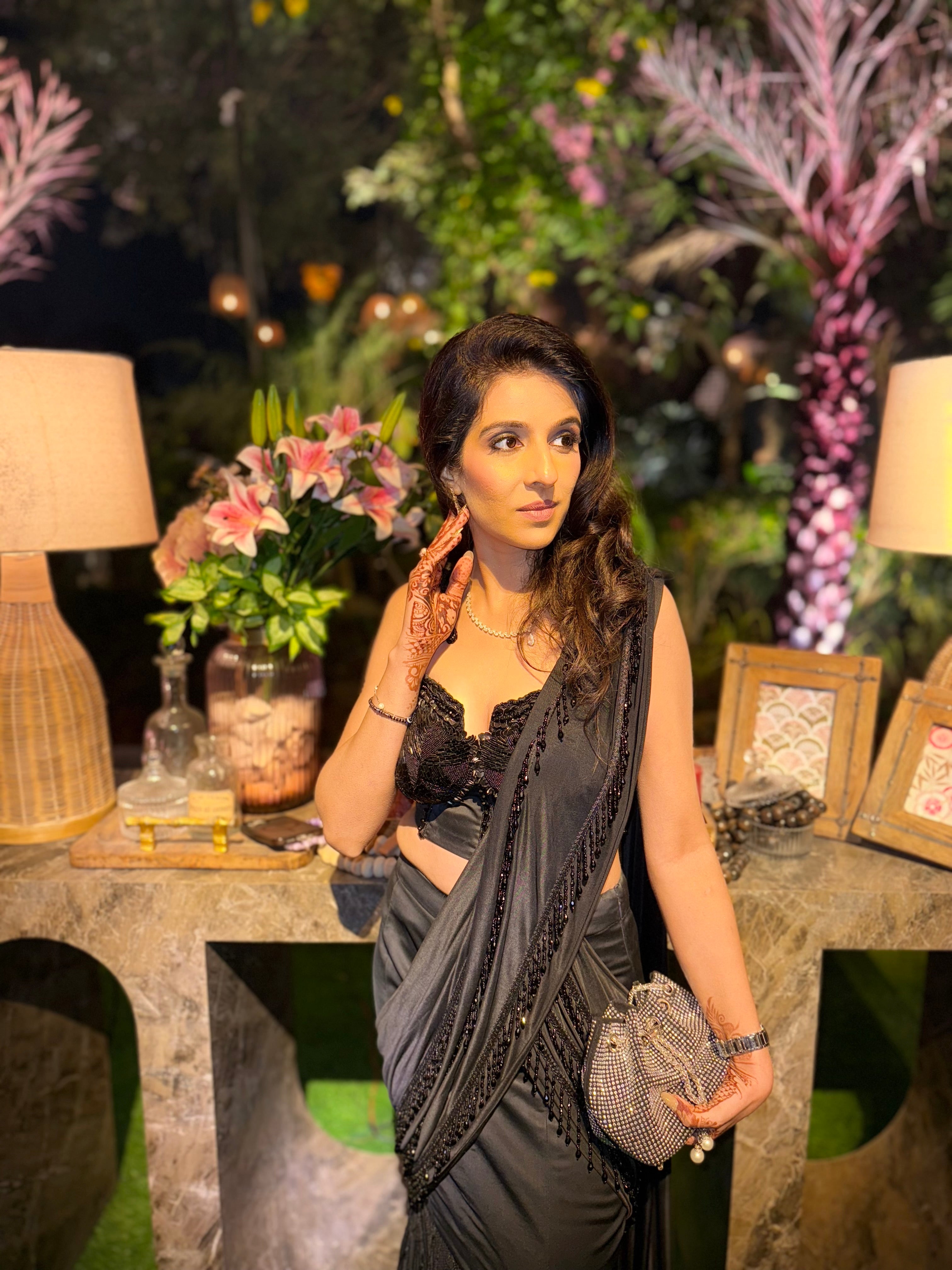 Ebony Allure: Black Corset Drape Saree with Fish Cut Style and Handwork Blouse