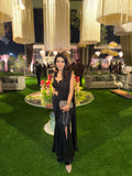 Ebony Allure: Black Corset Drape Saree with Fish Cut Style and Handwork Blouse