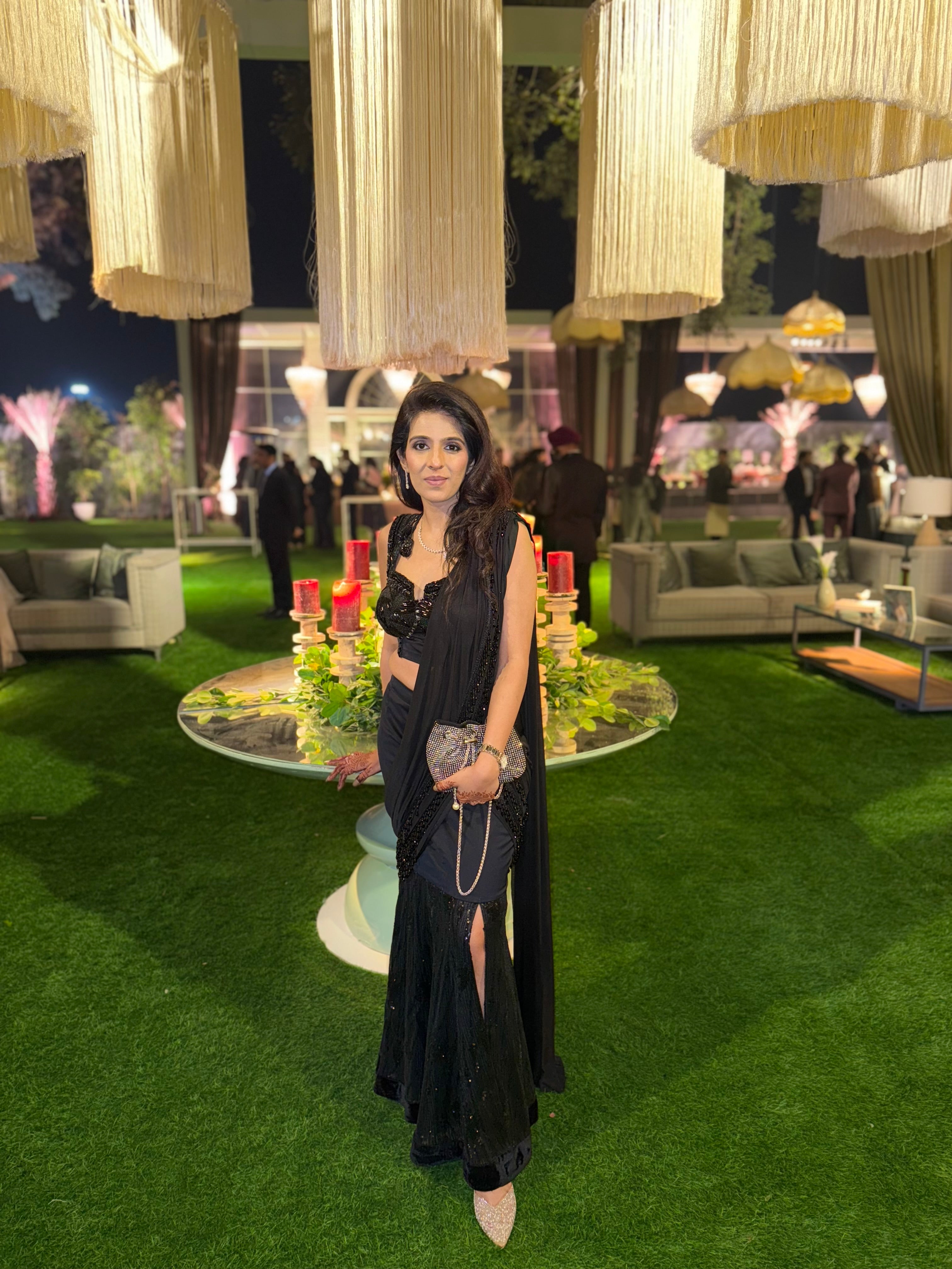 Ebony Allure: Black Corset Drape Saree with Fish Cut Style and Handwork Blouse