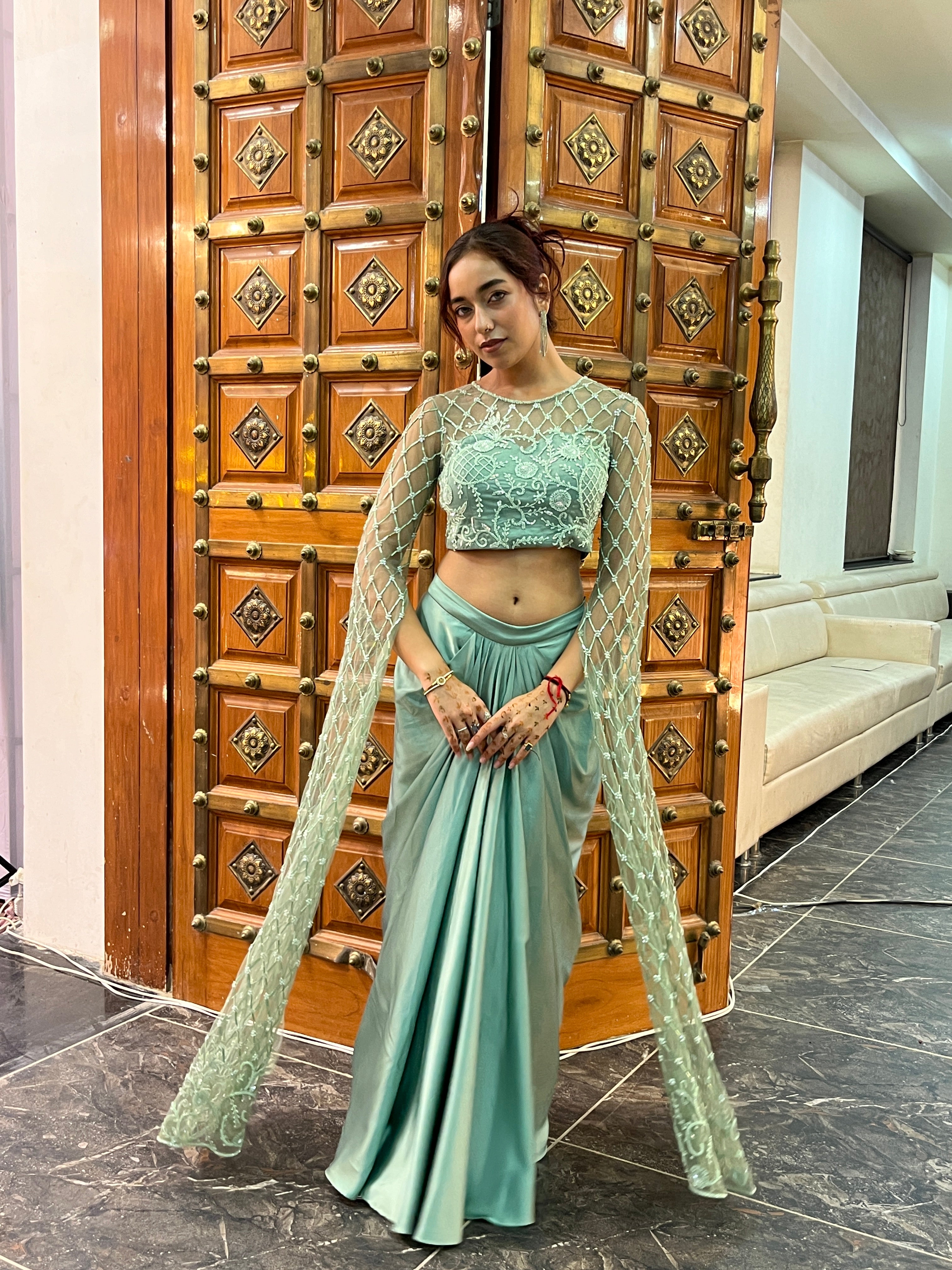 Enchanted Sea Green Hand-Embroidered Dhoti Set with Statement Sleeves