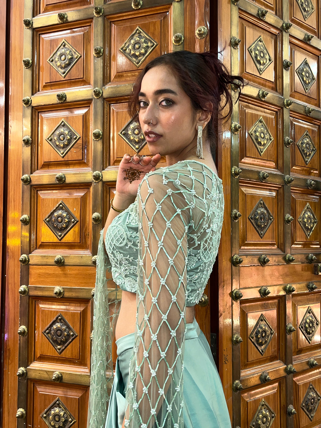 Enchanted Sea Green Hand-Embroidered Dhoti Set with Statement Sleeves