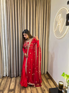 Ember Glow: Red Anarkali Suit with Handcrafted Embellishments