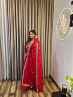Ember Glow: Red Anarkali Suit with Handcrafted Embellishments