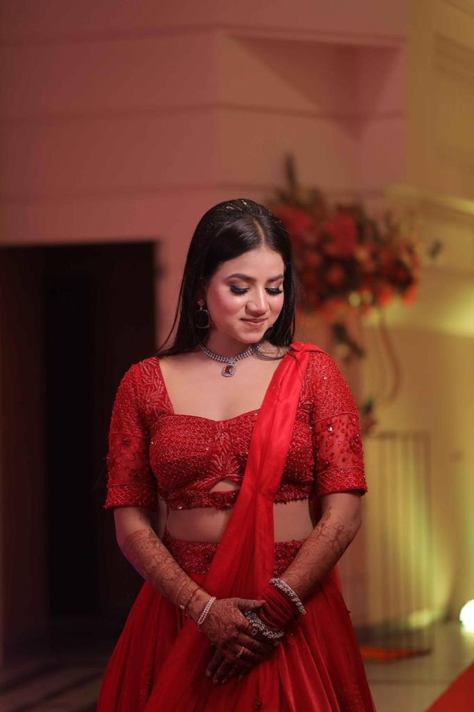 Scarlet Whisper Red Monotone Hand-Embroidered Lehenga