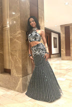 Midnight Charm Black & White Embroidered Lehenga Saree