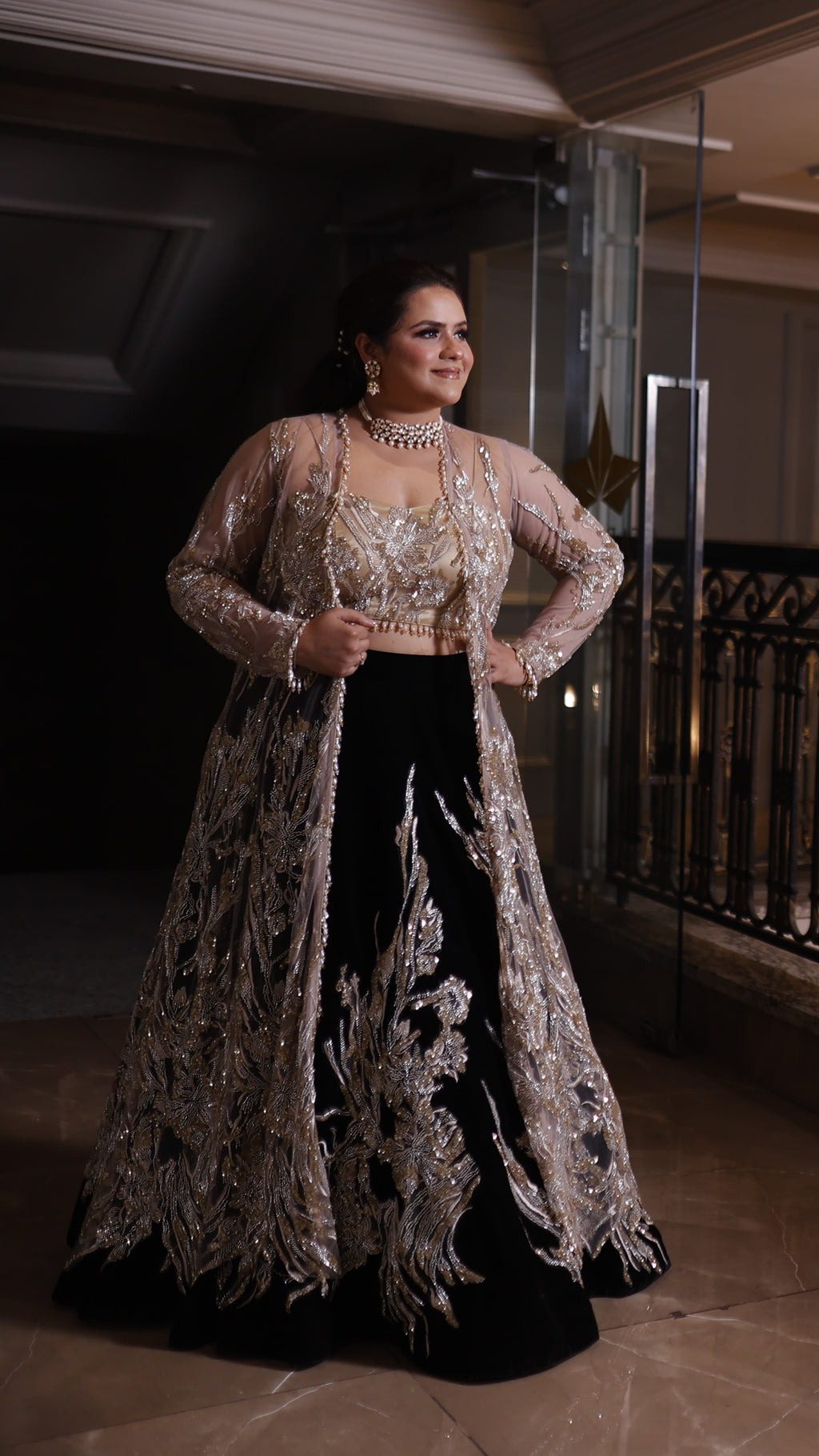 Noir Royale Black Lehenga with Gold-Embroidered Jacket Cape