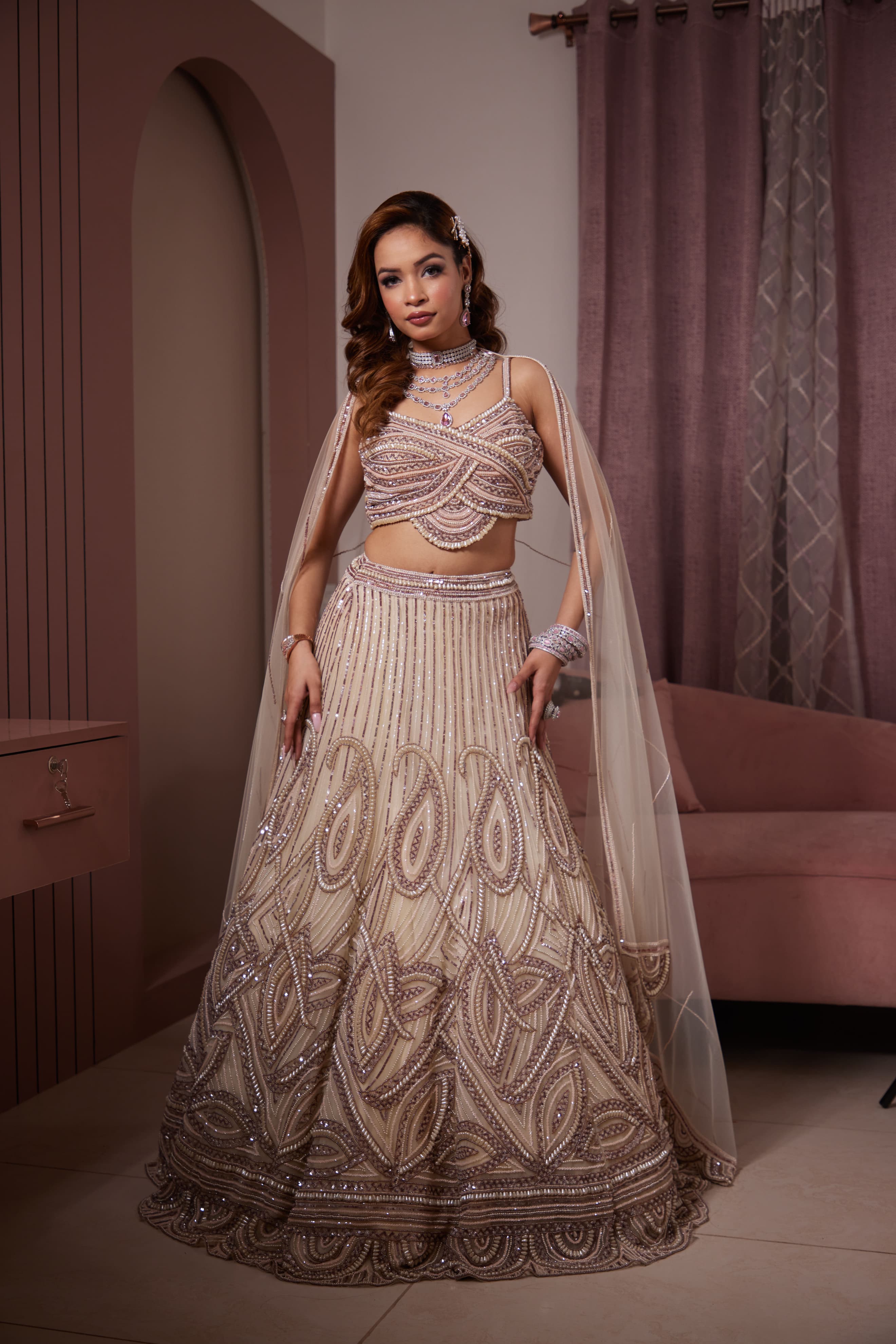Ivory Opulence Hand-Embroidered Pearl & Beadwork Lehenga