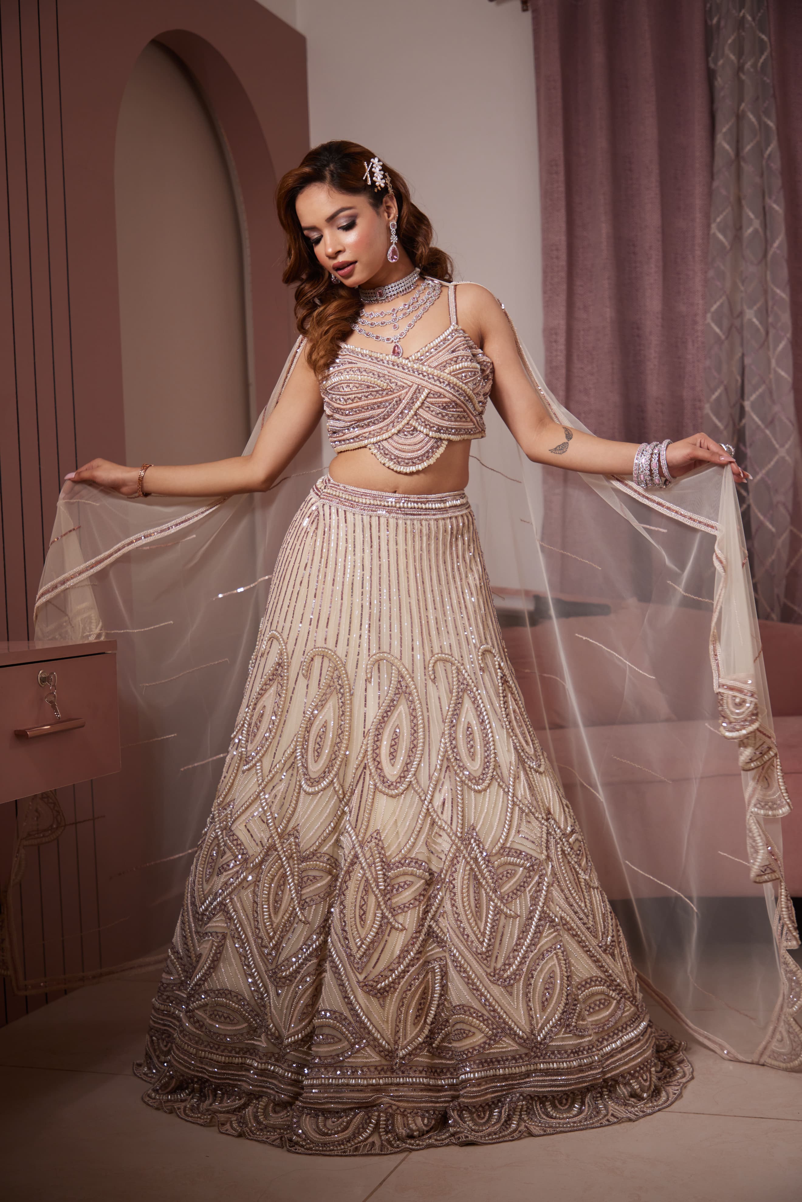 Ivory Opulence Hand-Embroidered Pearl & Beadwork Lehenga