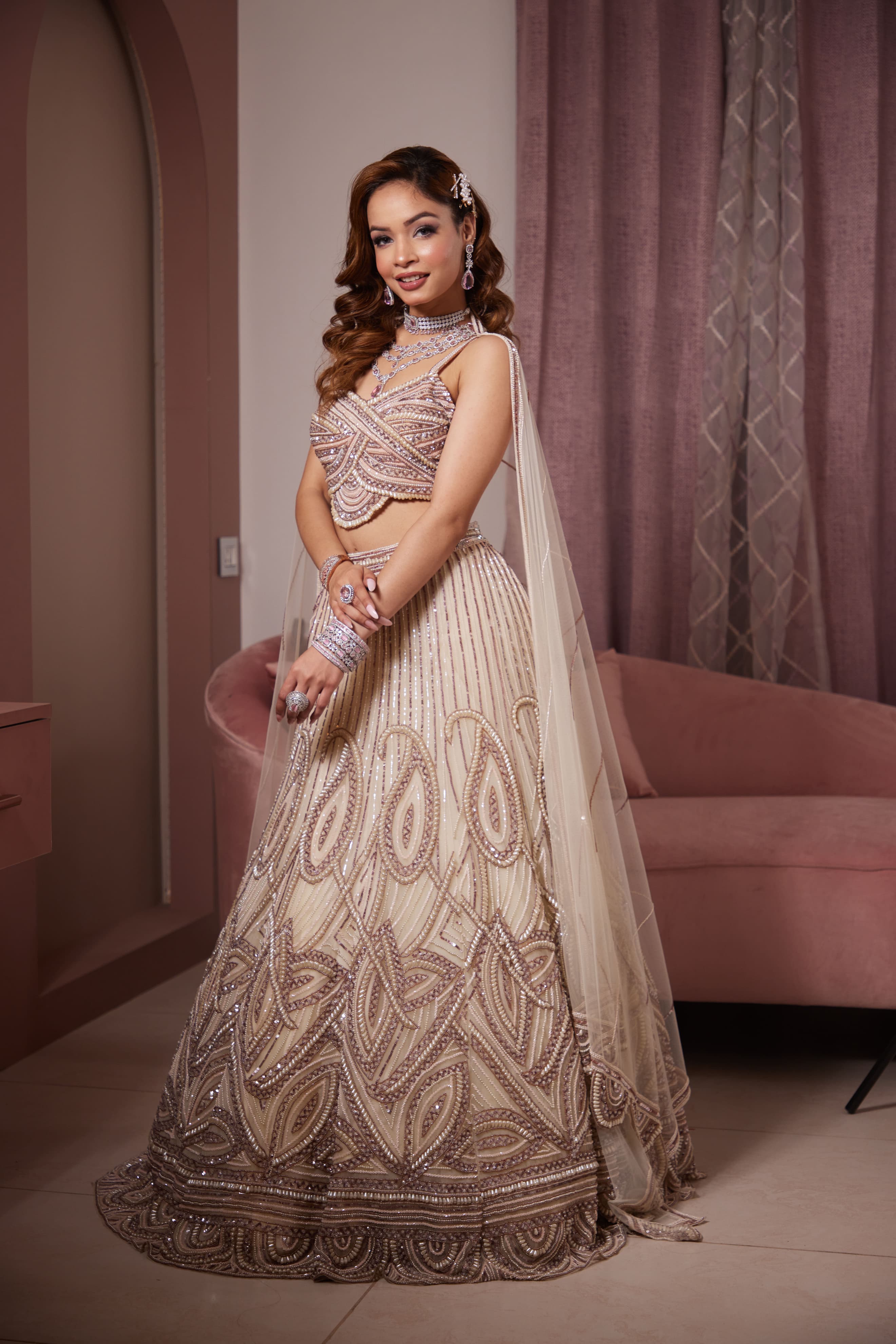 Ivory Opulence Hand-Embroidered Pearl & Beadwork Lehenga