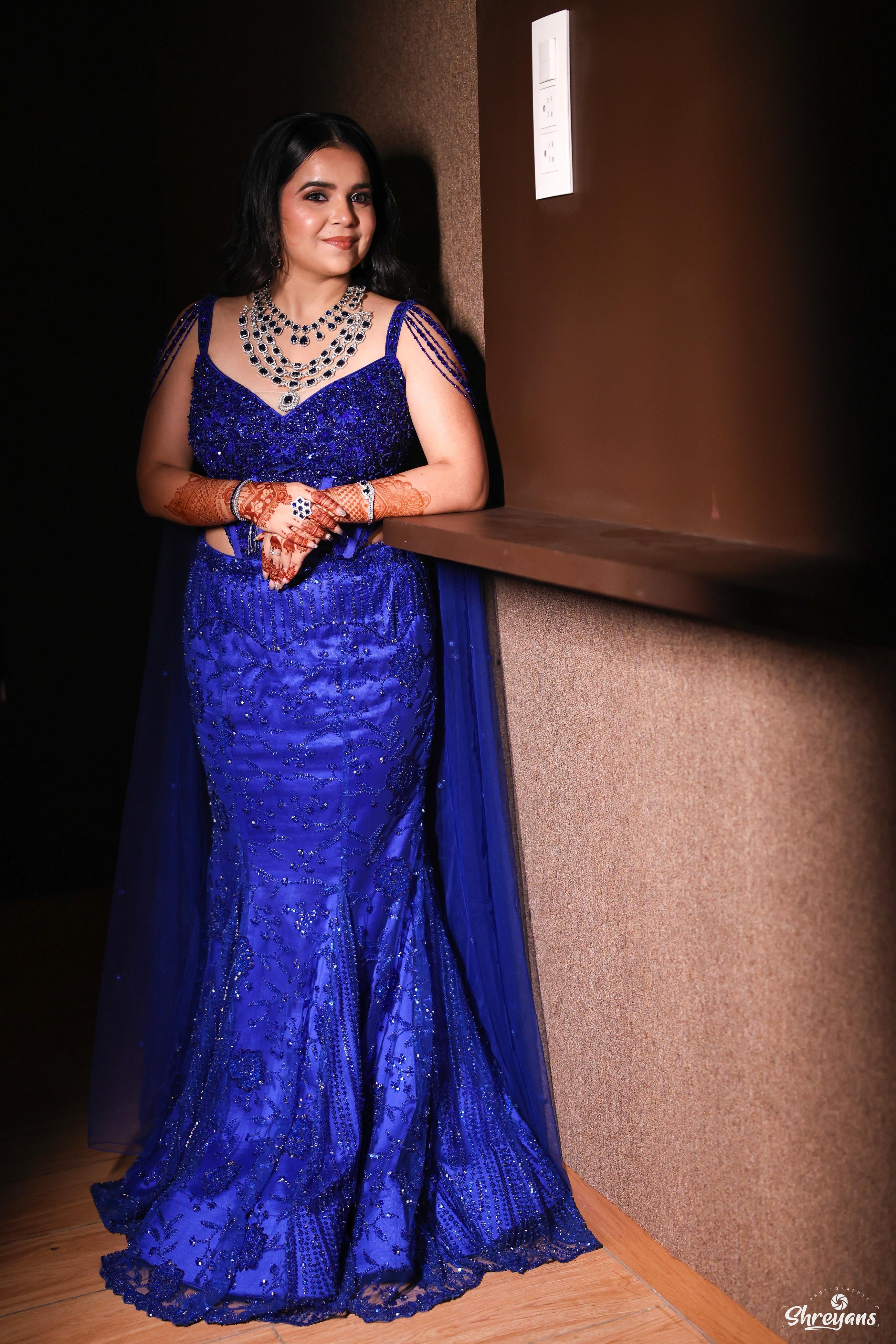 Royal Blue Fish Cut Gown with Handcrafted Corset Blouse