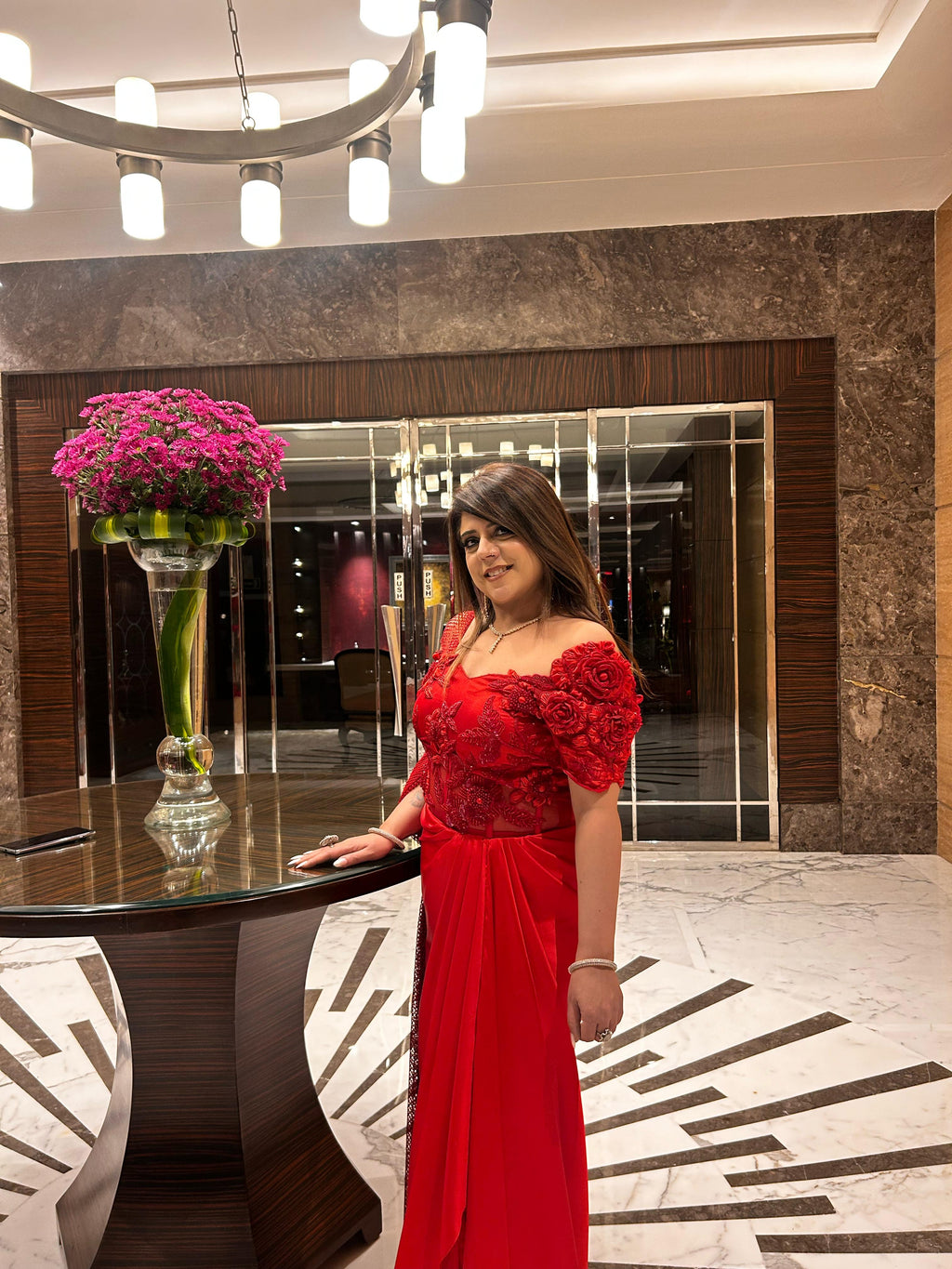 Scarlet Elegance: Red Drape Saree with 3D Handwork Blouse