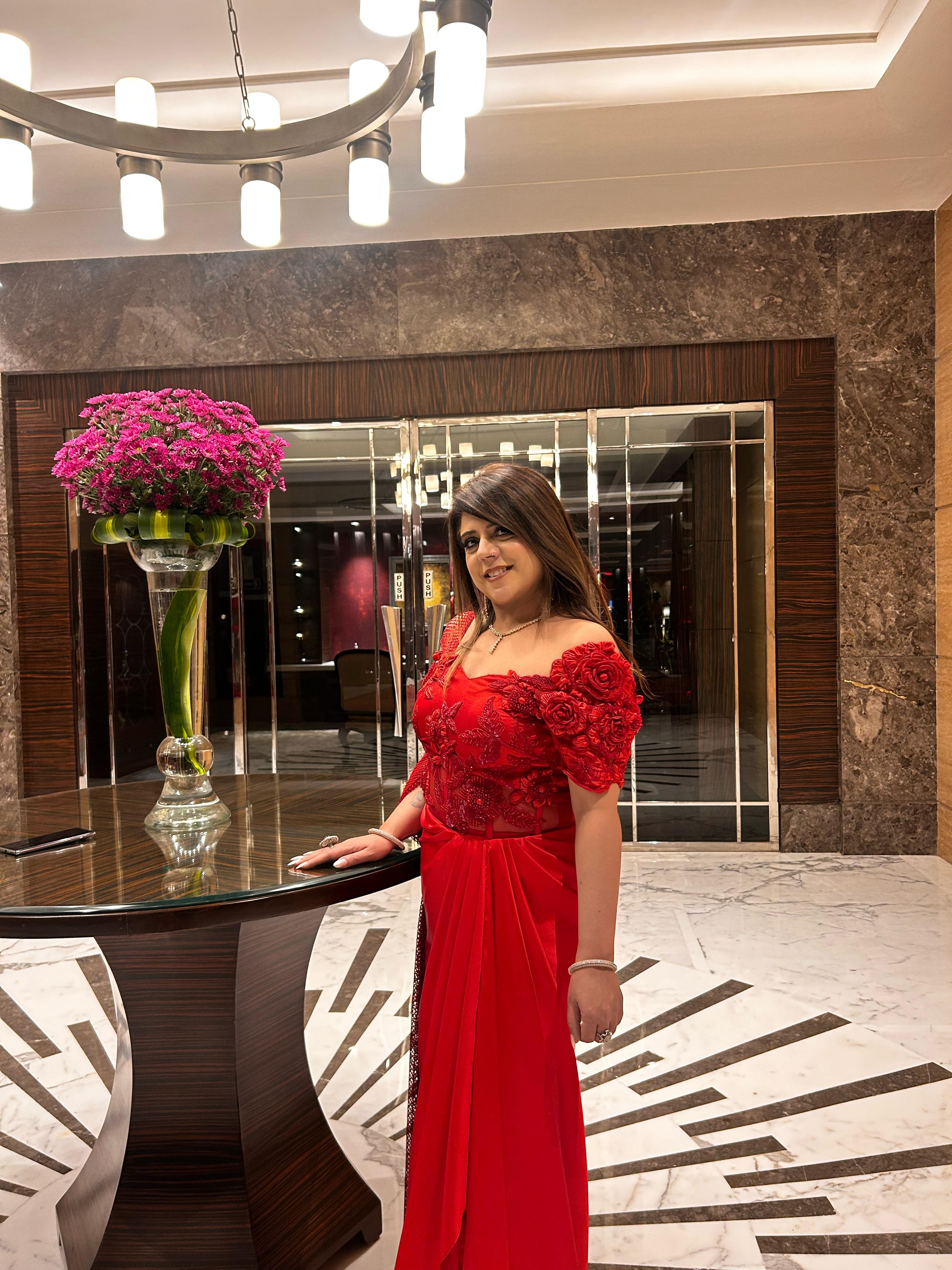 Scarlet Elegance: Red Drape Saree with 3D Handwork Blouse