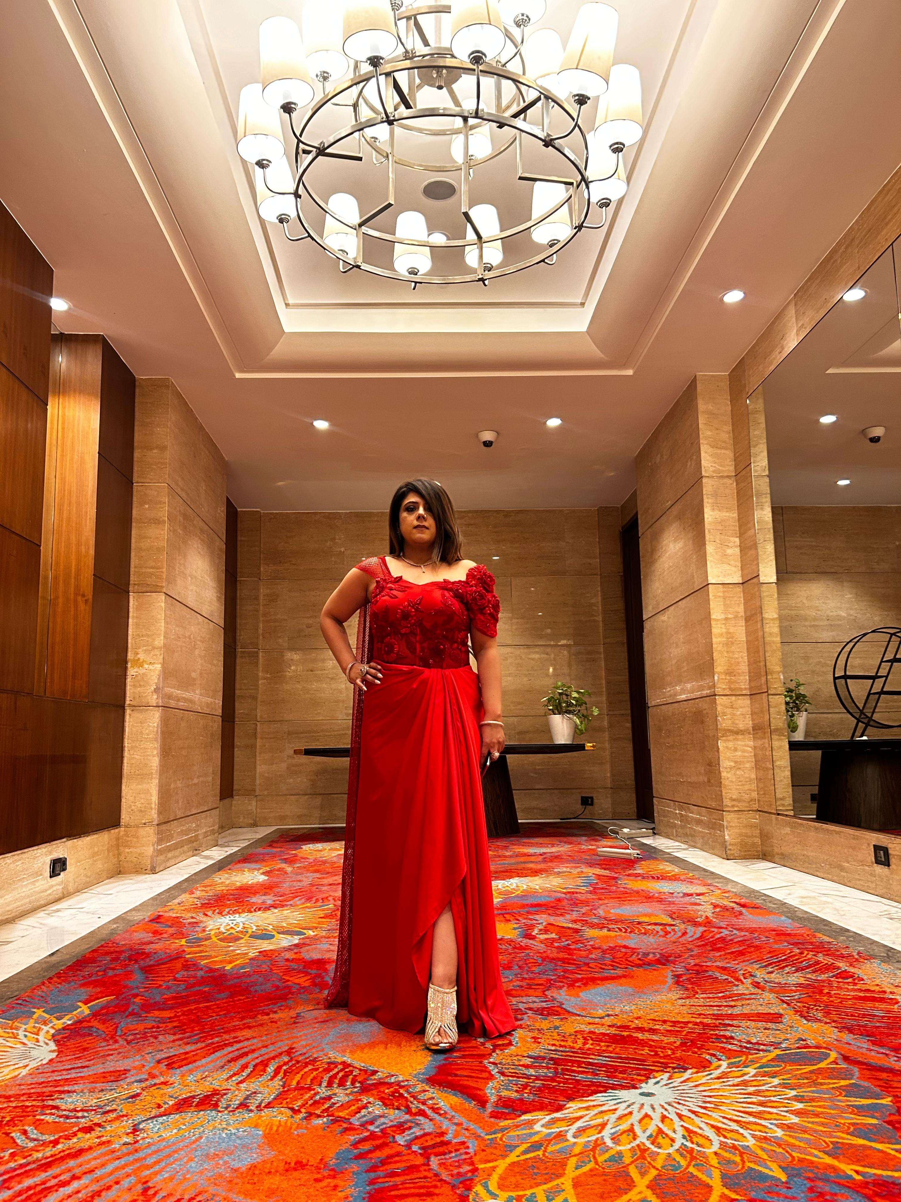 Scarlet Elegance: Red Drape Saree with 3D Handwork Blouse