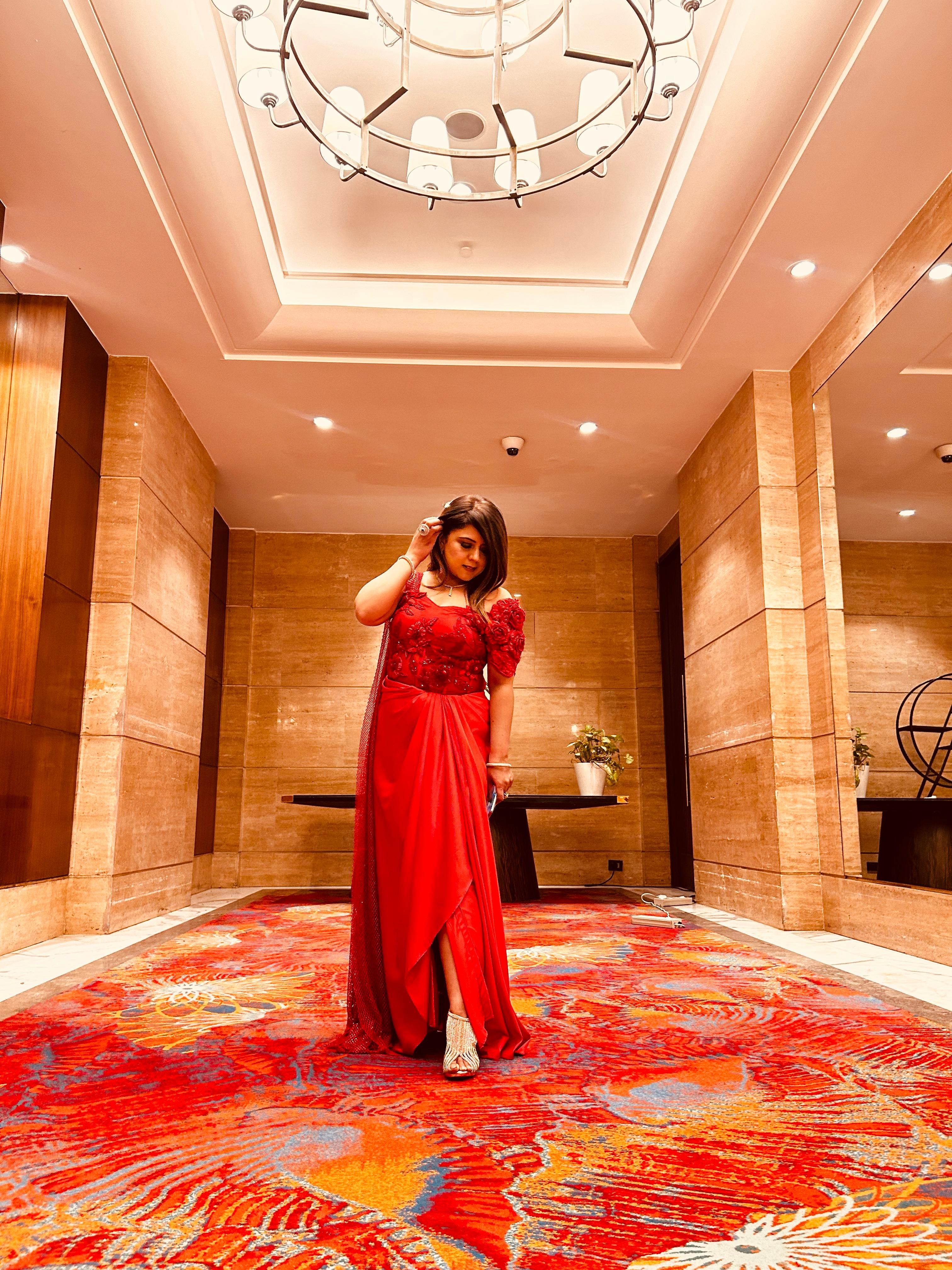 Scarlet Elegance: Red Drape Saree with 3D Handwork Blouse