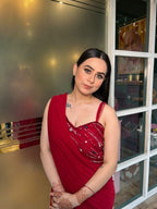 Crimson Grace: Red Drape Saree with Handcrafted Blouse Embellishments