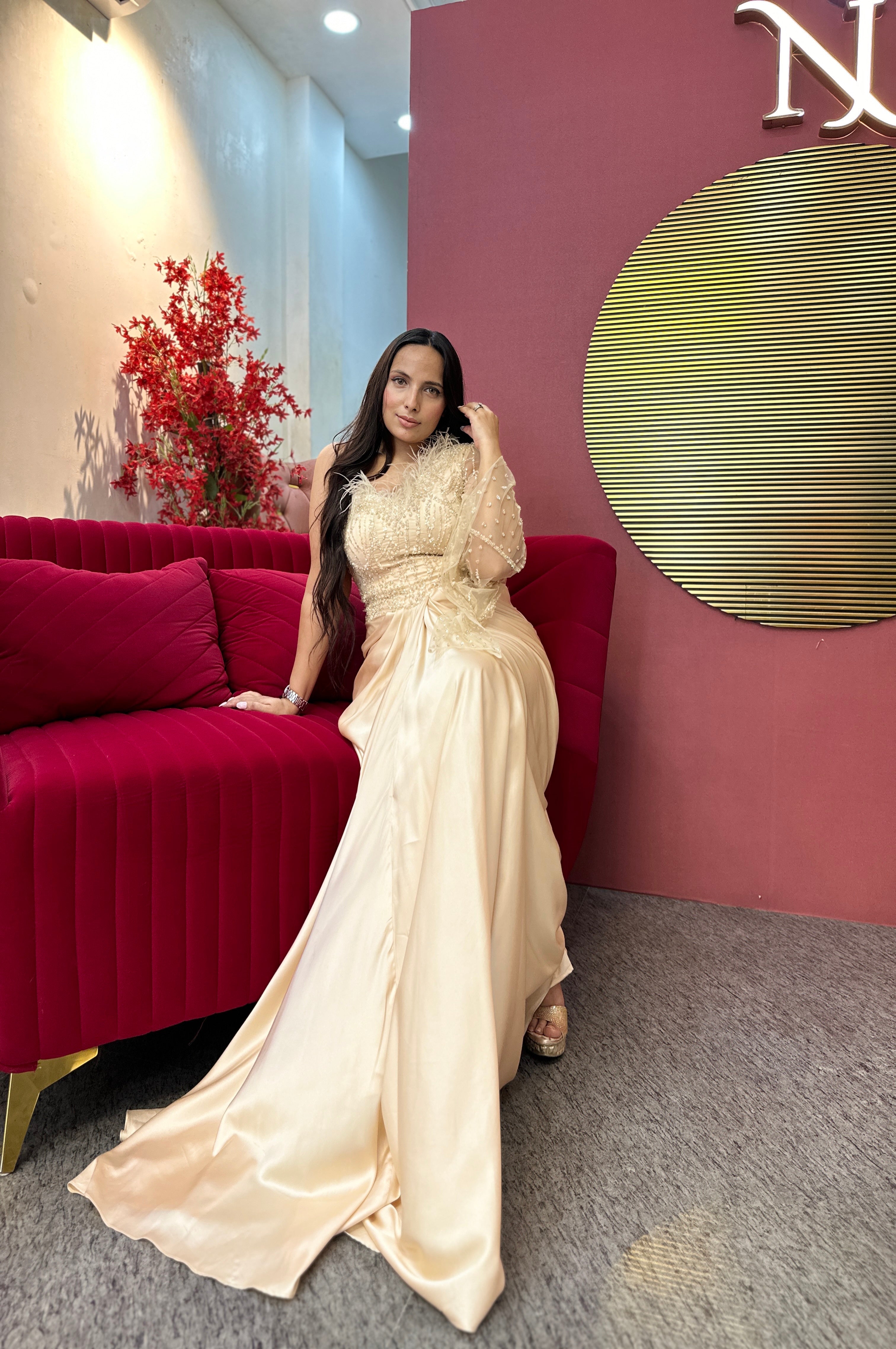 Champagne Radiance Hand-Embroidered Gown