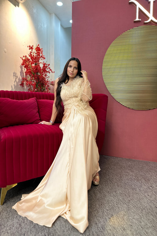 Champagne Radiance Hand-Embroidered Gown