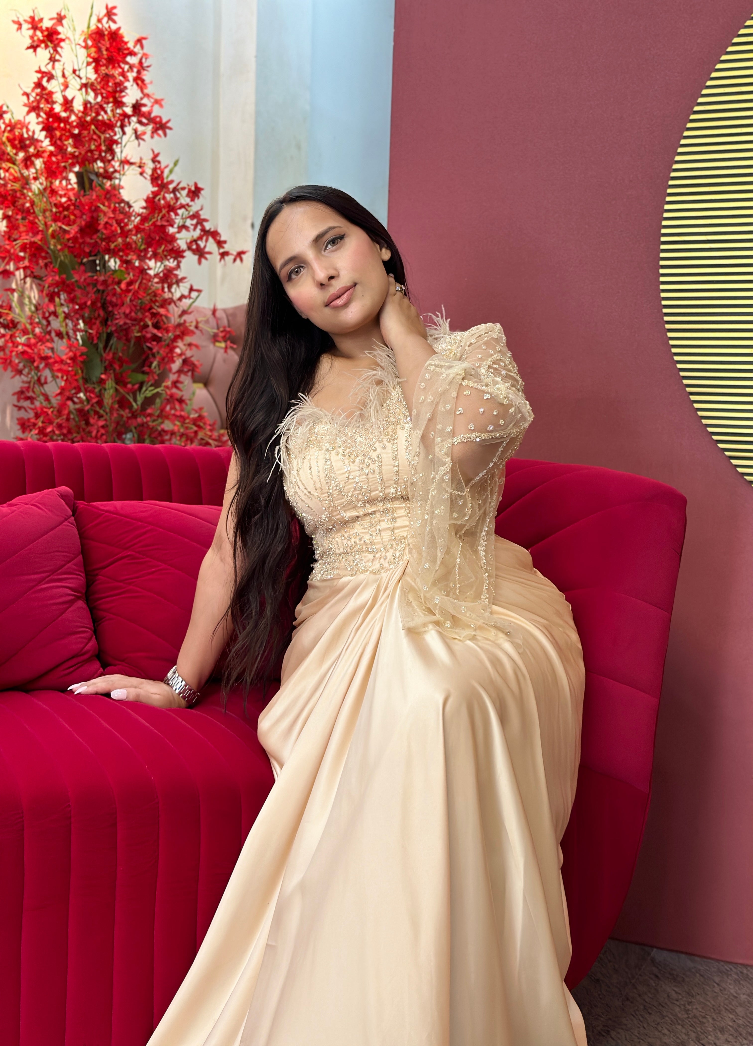 Champagne Radiance Hand-Embroidered Gown